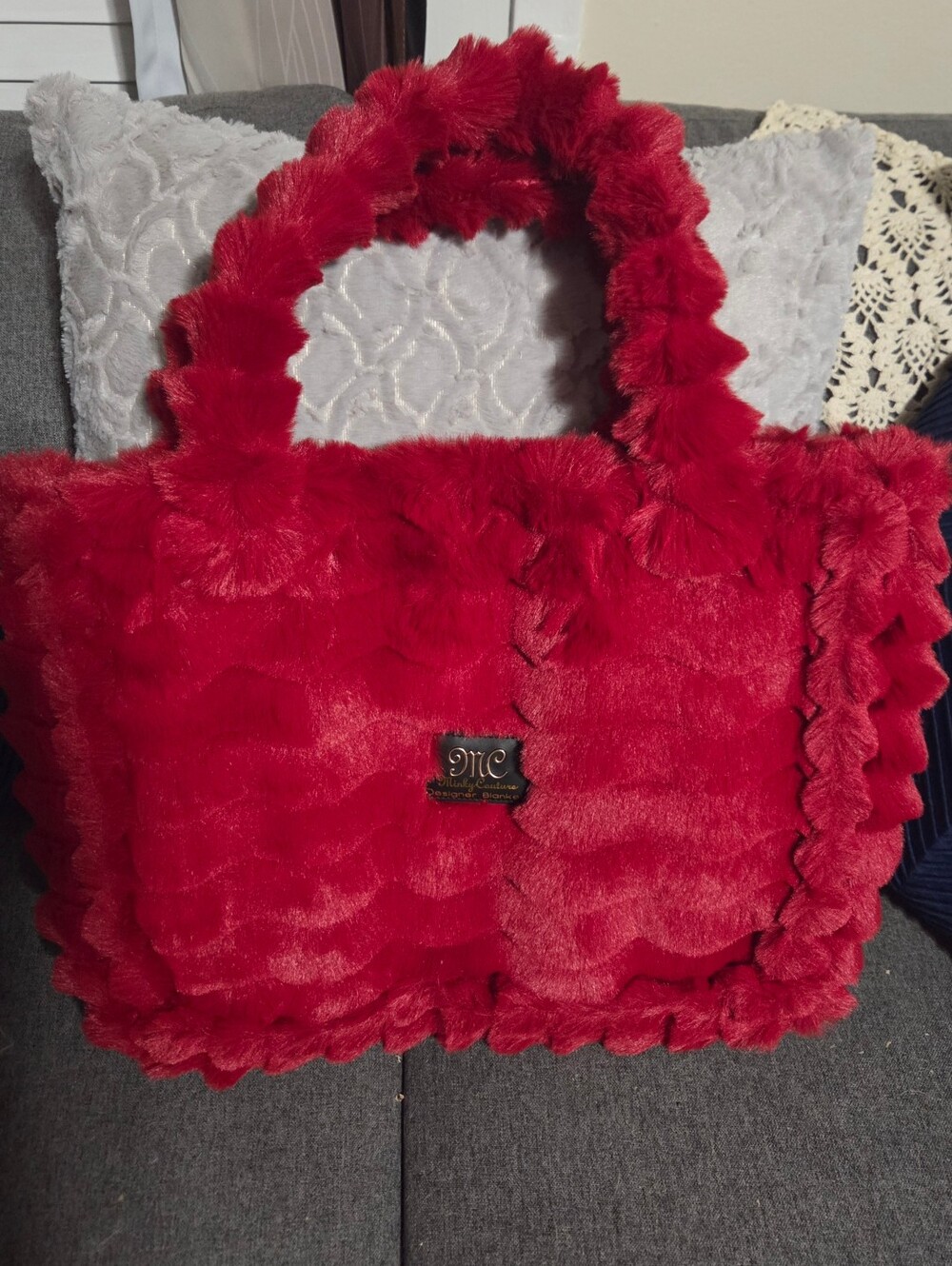 New Bright Red Minky Couture Faux Fur Tote Bag